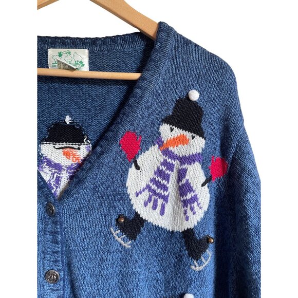 The Quacker Factory Snowman Jingle Bell Cardigan Sweater Blue Size 1X Ramie Cott - Picture 4 of 12
